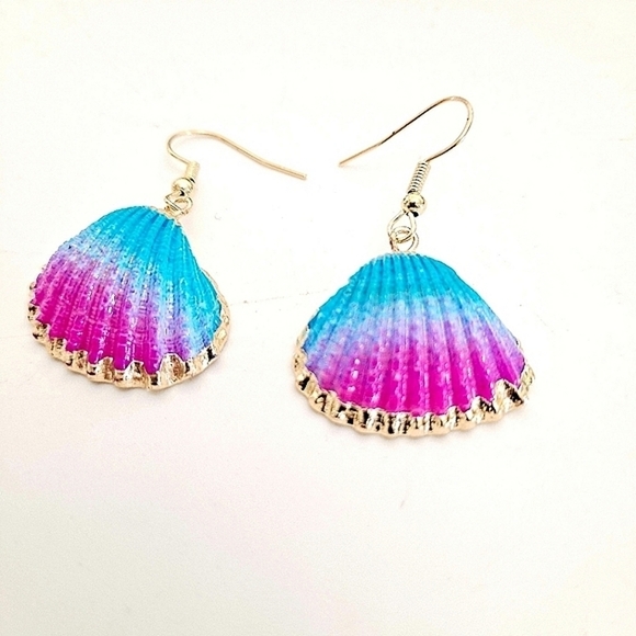 Gold statement earrings blue pink seashell boho mermaid beach tropical 💖2/$30 - Picture 8 of 13